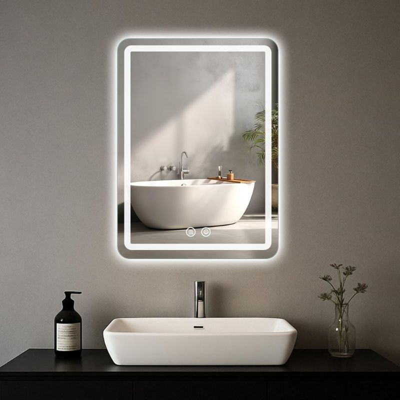 Photo 1 of LED Bathroom Mirror, 16 x 24 Inch Anti-Fog Wall Mirror with Lights Stepless Dimmable, Lighted Bathroom Mirrors for Wall, Rectangle Bathroom Vanity Mirror with Front and Backlight, Vertically Only