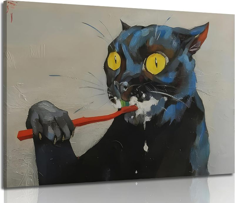 Photo 1 of Funny Black Cat Brushing Teeth Canvas Wall Art - Vintage Cat Painting Pictures - Eclectic Bathroom Animal Poster Prints for Toilet Scene Home Decoration