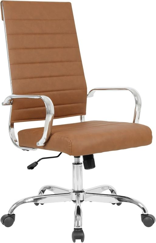 Photo 1 of LANDSUN Home Office Chair High Back Executive Chair Ribbed Leather Computer Desk Chair with Armrests Soft Padded Adjustable Height Swivel Modern Conference Chrome Brown