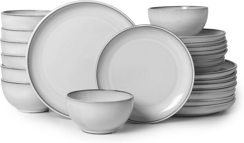 Photo 1 of 24 Piece Stoneware Dinnerware Set for 8, Moonstone White Plates and Bowls Set, Reactive Glaze Ceramic Dish Set, Durable & Chip Resistant, Modern Rustic Look, Microwave & Dishwasher Safe