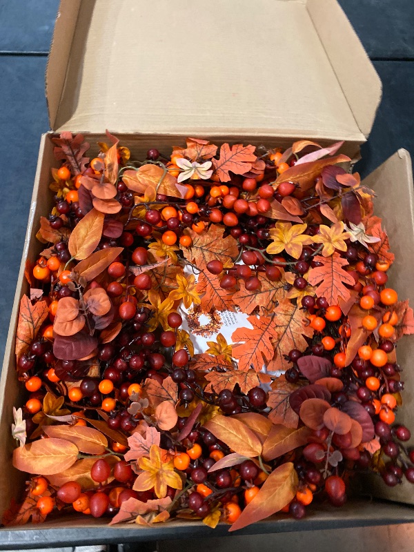 Photo 1 of 24" Fall Wreath for Front Door - Artificial Autumn Wreath with Realistic Maple Leaves & Berry Accents - Indoor/Outdoor Thanksgiving Decor for Wall, Window or Door