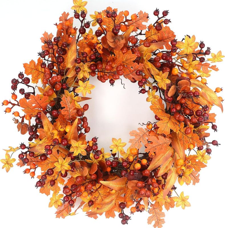 Photo 1 of 24" Fall Wreath for Front Door - Artificial Autumn Wreath with Realistic Maple Leaves & Berry Accents - Indoor/Outdoor Thanksgiving Decor for Wall, Window or Door