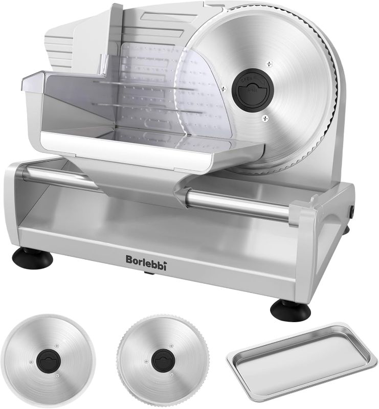 Photo 1 of Meat Slicer, 200W Meat Slicer Machine for Home, DC Motor Quiet Deli Slicer with 2 Removable 7.5'' Stainless Steel Blades, Adjustable Dial for 0-15mm, Electric Food Slicer for Meat, Cheese, Bread
