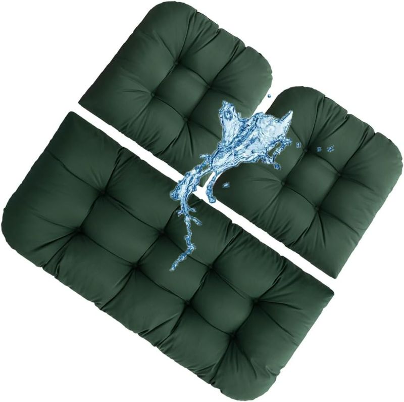 Photo 1 of GHKWXUE Outdoor Wicker Patio Furniture Cushions 3 Piece Set Waterproof Settee Cushion All-Weather Durable Fluffy Chair Pads,Porch Swing Cushion,1 Bench Cushions,43”x20”&2 U-Chair Pads 19”x19”& Green