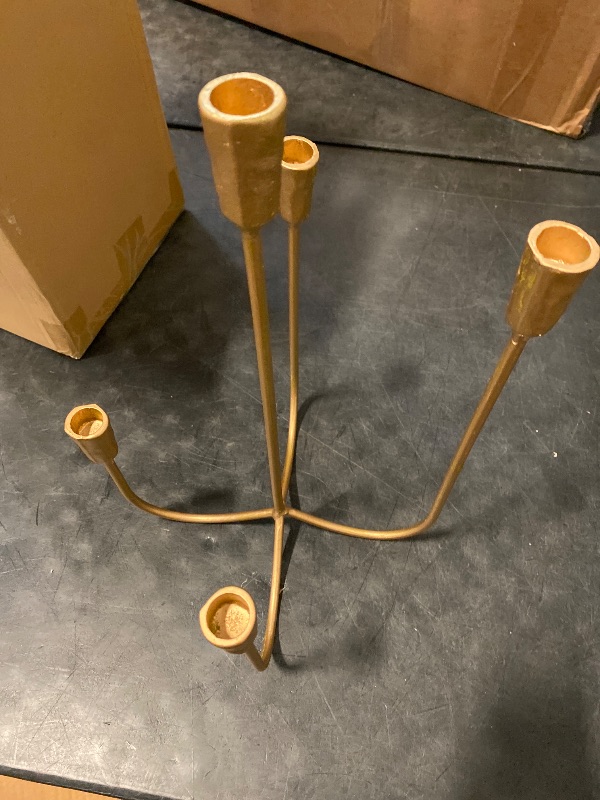 Photo 1 of 5-Candle Cast Iron Metal Candelabra Candlestick Holders 15 inch Tall Candle Holder Wedding Event Candelabra Candle Stand Brass Gold