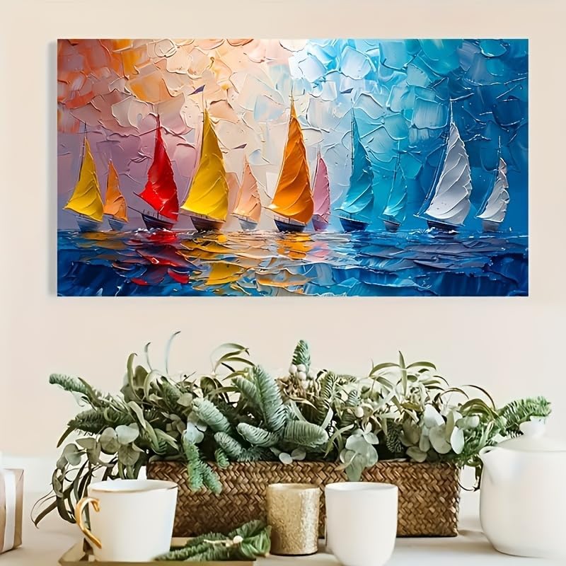 Photo 1 of An Unframed Abstract Sailboat Canvas Wall Mural Modern Ocean Landscape Wall Art Decor Simple Style Horizontal Arrangement Colorful Seascape Oil Painting Print for Home Office Living Room Bedroom Unframed (70*140cm Unframed)