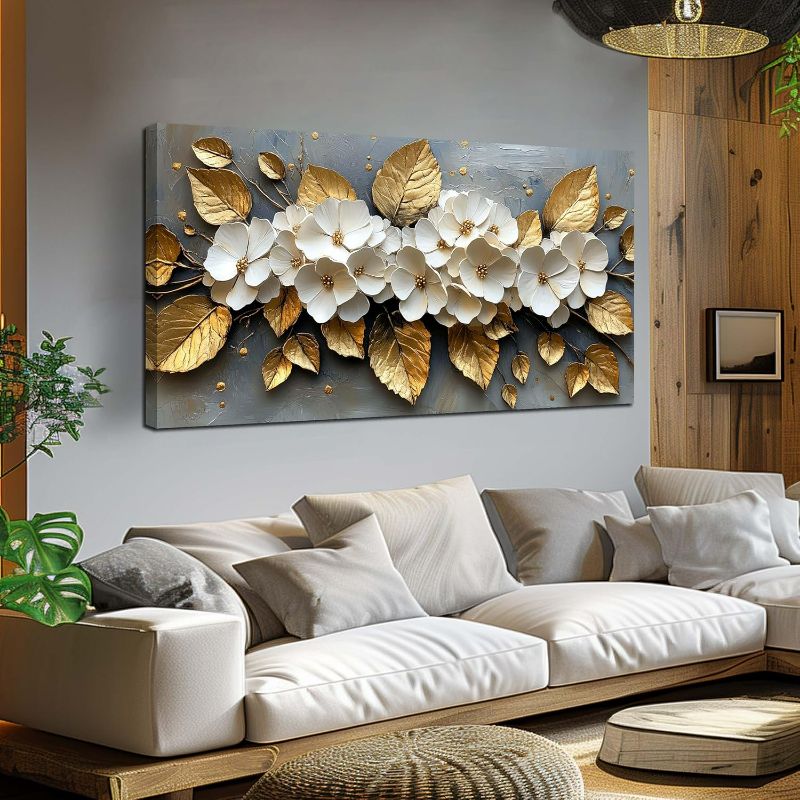Photo 1 of CANEITO Flower Wall Art for Living Room, White Plum Blossom and Golden Leaves Wall-Decor for Bedroom, Natural Canvas Prints Pictures for Hallway Office, Large Size 59x29 Inches