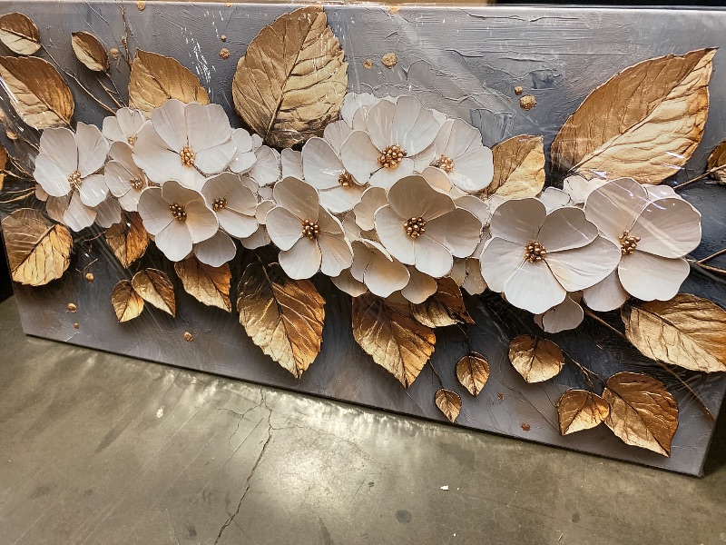 Photo 1 of CANEITO Flower Wall Art for Living Room, White Plum Blossom and Golden Leaves Wall-Decor for Bedroom, Natural Canvas Prints Pictures for Hallway Office, Large Size 59x29 Inches