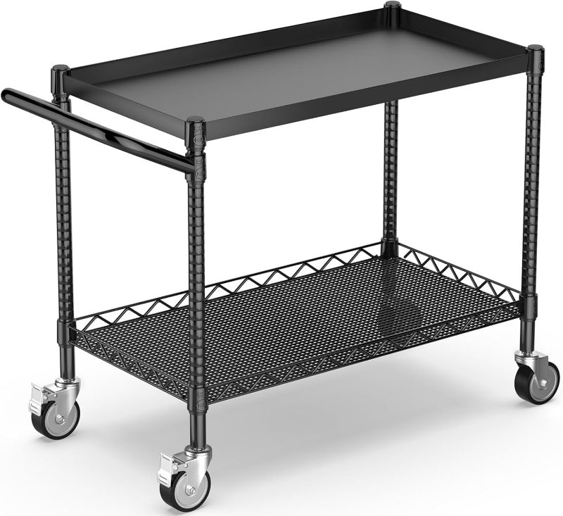 Photo 1 of Leteuke 2 Tier Utility Cart with Wheels, NSF Certified 900LBS Capacity Heavy Duty Rolling Utility Carts with Handle Bar, Commercial Grade Metal Serving Storage Cart for Warehouse Garage Kitchen, Black
