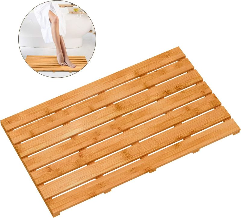 Photo 1 of Bamboo Wooden Bath Floor Mat for Luxury Shower - Non-Slip Bathroom Waterproof Carpet for Indoor or Outdoor Use (31.3 x 18.1 x 1.5 Inches)
