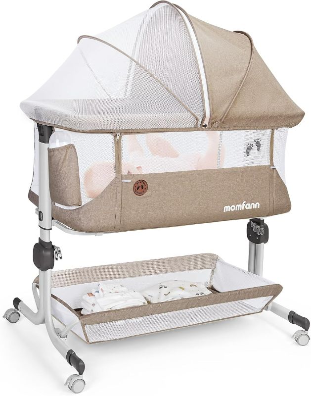 Photo 1 of Baby Bassinet Bedside Sleeper, Upgraded Stability Bedside Crib with Full Mesh Sides, Soft Sheet, 6-Height Adjustment, Storage Basket, Easy Folding Portable Bassinet for Newborns,Camel