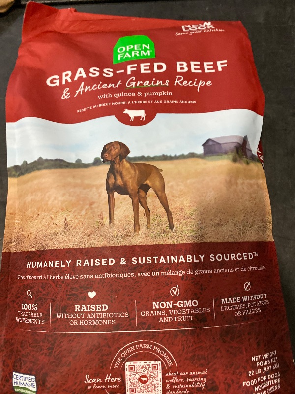 Photo 1 of Open Farm, Ancient Grains Dry Dog Food, Protein-Rich & Nutrient Dense, 90% Animal Protein Mixed with Non-GMO Fruits, Veggies and Superfoods, Grass-Fed Beef Recipe, 22lb Bag