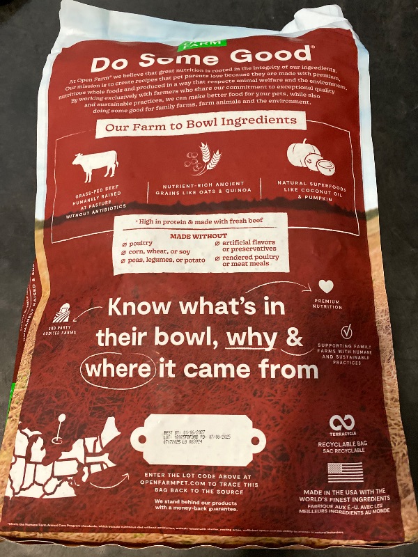 Photo 1 of Open Farm, Ancient Grains Dry Dog Food, Protein-Rich & Nutrient Dense, 90% Animal Protein Mixed with Non-GMO Fruits, Veggies and Superfoods, Grass-Fed Beef Recipe, 22lb Bag