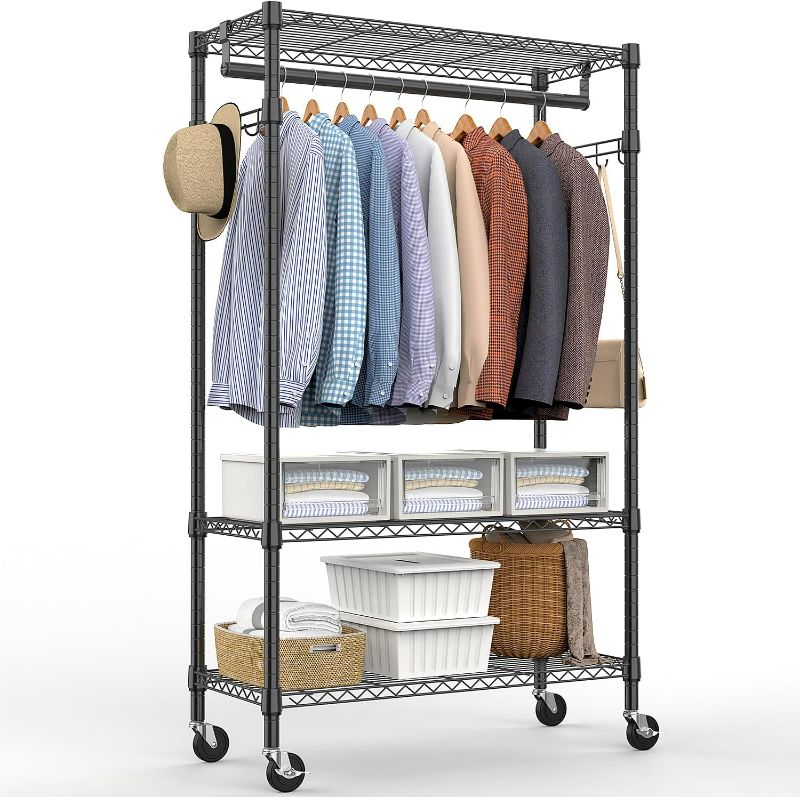 Photo 1 of Heavy Duty Rolling Garment Rack 3 Tiers Adjustable Wire Shelving Clothes Rack with Rods and Side Hooks,Storage Closet Clothing Rack with Wheels Black 15.7" D x 29.5" W x 74.5" H