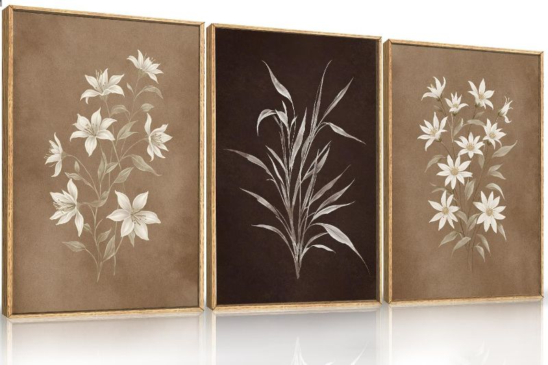 Photo 1 of LHIUEM Large Vintage Neutral Botanical Framed Wall Art Set,Brown and Black Flower Wall Decor,Nature Wildflower Artwork,Rustic Plant Floral Art Prints for Living Room,Bedroom,Farmhouse - 16"x24"x3