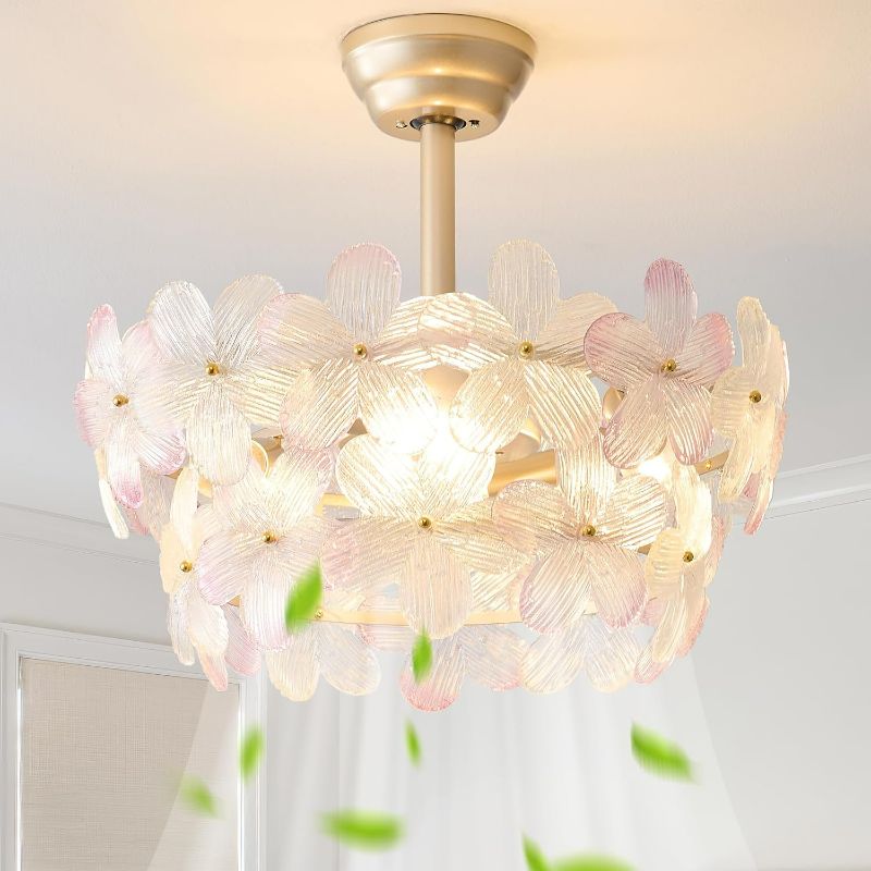 Photo 1 of 20" Pink Crystal Fandelier Ceiling Fans with Lights, Pink Flower Chandelier Ceiling Fan with Light Remote Control, Morden Caged with 6 Speeds for Bedroom, Nursery, Living Room