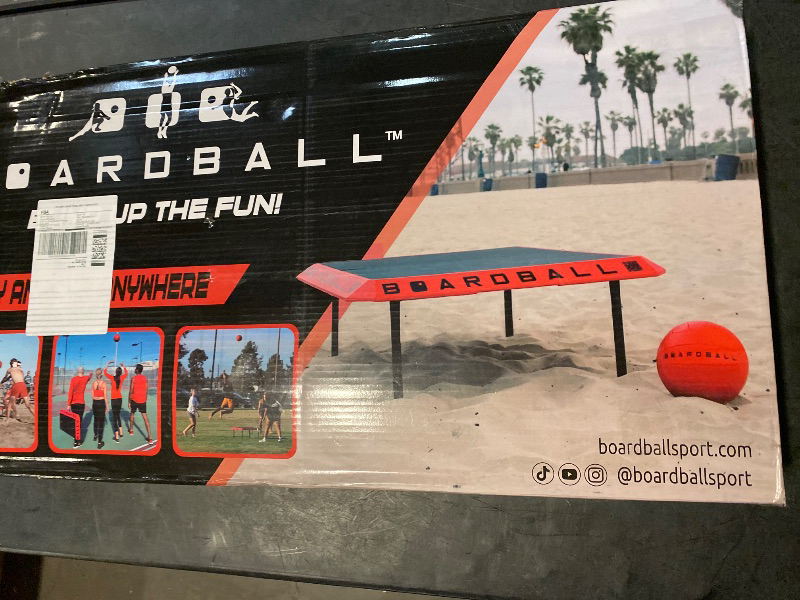 Photo 1 of Boardball Sport Portable Foldable Indoor Outdoor Boardball Set with Rubberized Top Surface Board, Volleyball, and Compact Hand Pump, Red and Black