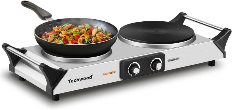 Photo 1 of Hot Plate, Techwood Double Burner for Cooking, 1800W Countertop Electric Stoves with Adjustable Temperature & Stay Cool Handles, Dual Cooktop for RV/Home/Camp, Upgraded Version Stainless Steel, Silver