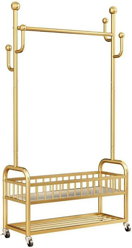 Photo 1 of Clothing Rack, Standing with Wheels, Heavy Duty for Storage, Gold for Hanging Organizers Clothes,Shoes,Bags,Scarf,Neckties Ideal for offices, bedrooms, foyers (Gold, S)