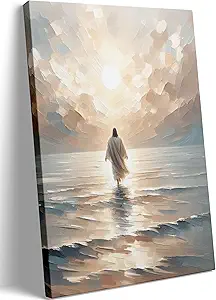Photo 1 of esus Walking on Water Canvas Wall Art Jesus Christian Posters Prints Sacred God Walking on Ocean Beach Painting Pictures for Living Room Bedroom Bathroom Office Wall Decor