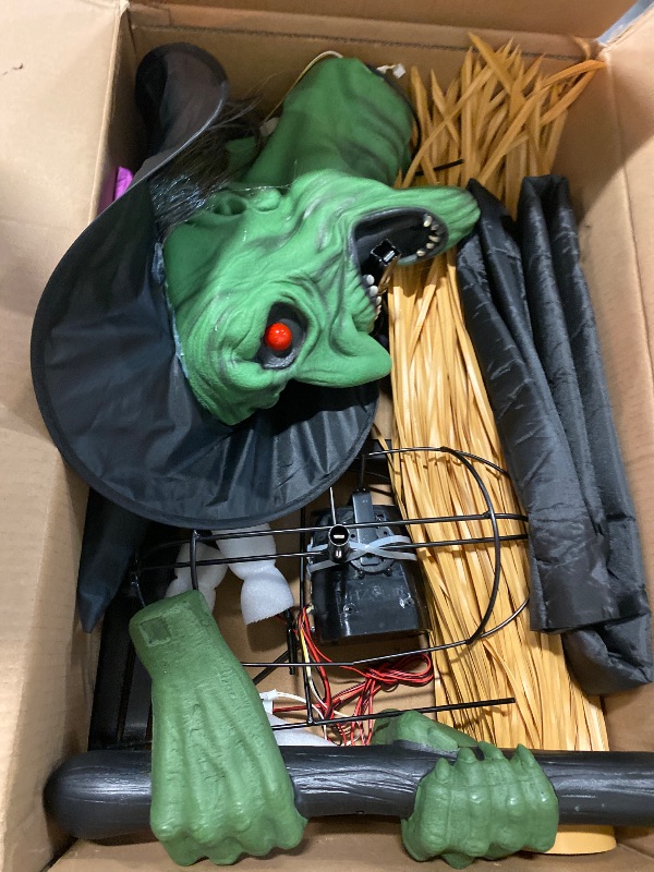 Photo 1 of 10.5FT Outdoor Animated Flying Witch Halloween Decor on Broom, Sound Activation,Eyes Glowing,Scary Sounds, Animatronics Hover Witch for Garden Yard Lawn Decorations