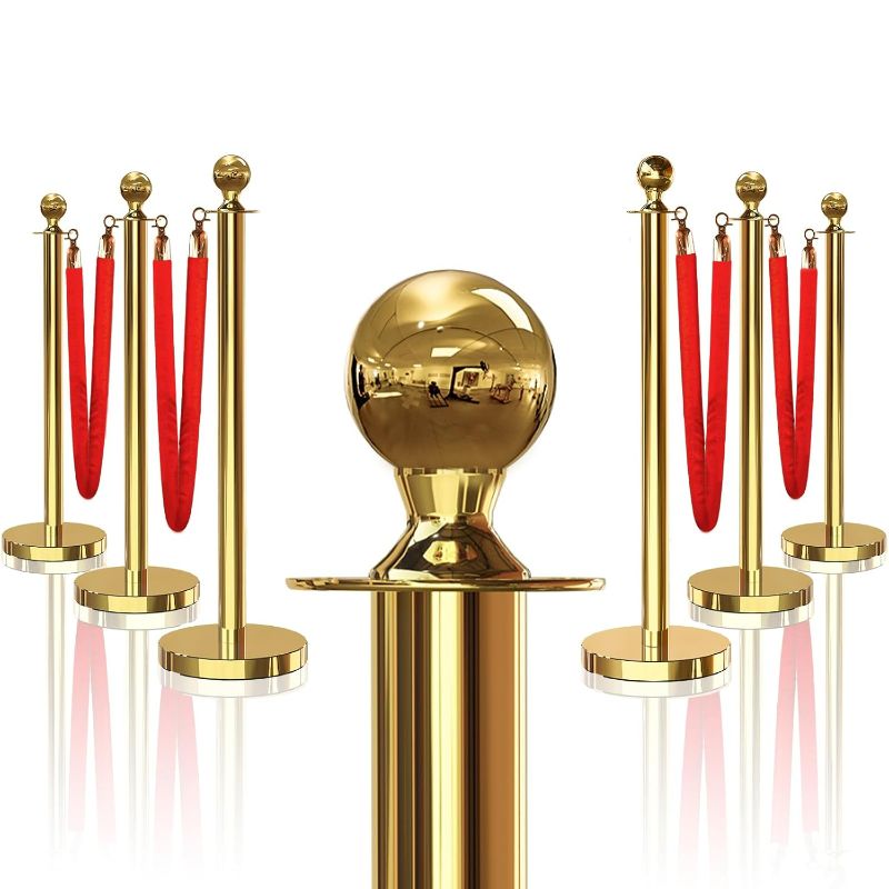 Photo 1 of 6PCS Gold Stanchions Posts with 4PCS 5 ft Red Velvet Rope, Red Velvet Rope Stanchion Set Crowd Control Barriers, Stanchions and Velvet Ropes Red Carpet Poles for Party Supplies