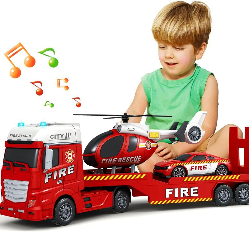 Photo 1 of Kids Toys for 3 4 5 6 7 8 Years Old Boys, 25" Fire Truck Toy with Racing Car and Helicopter, Toddler Friction Powered Truck Vehicle Toy with Lights, Sounds for Boys Girls Christmas Birthday Gifts
