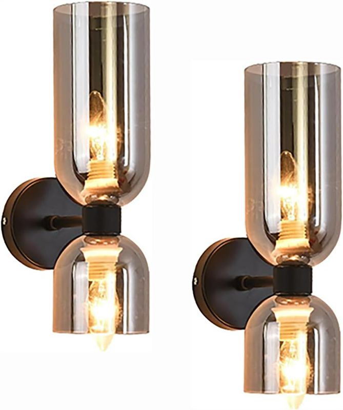Photo 1 of Modern Wall Lamp Wall Sconces Set of Two Black Wall Sconces 2 Lights Wall Light Smoke Gray Glass Shade Wall Lights for Bedroom Restaurant Living Room Bedside Stairs Bathroom (Black+Smoke Grey)