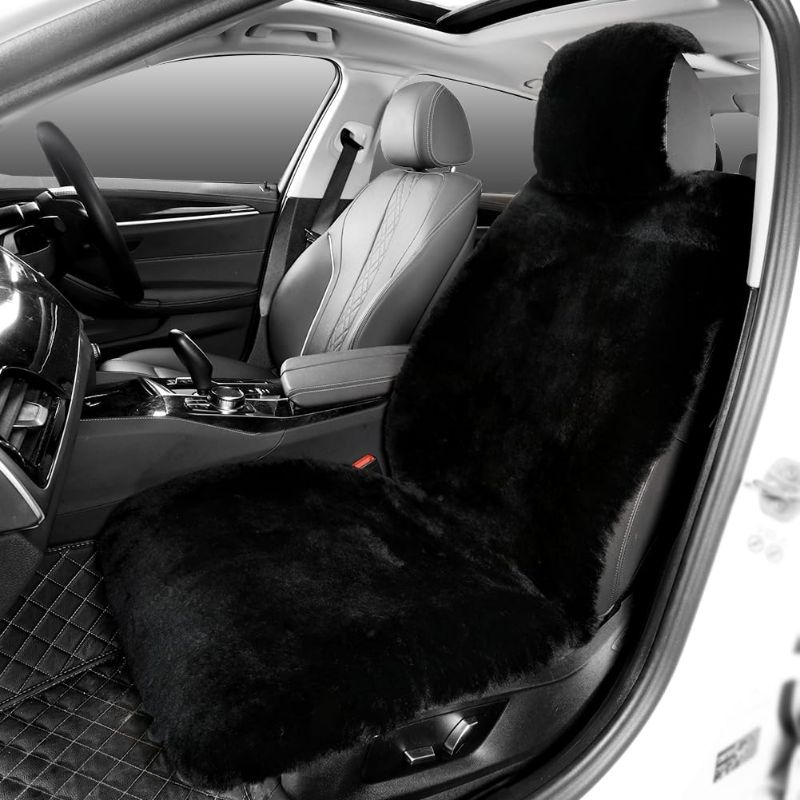 Photo 1 of Fluffy Fur Sheepskin Car Seat Cover Automotive Interior Accessories Seat Covers Accessories Seat Cushions? Soft Natural Pure Wool ?Universal Fits Most Cars SUVs (Black, Universal Fit)


