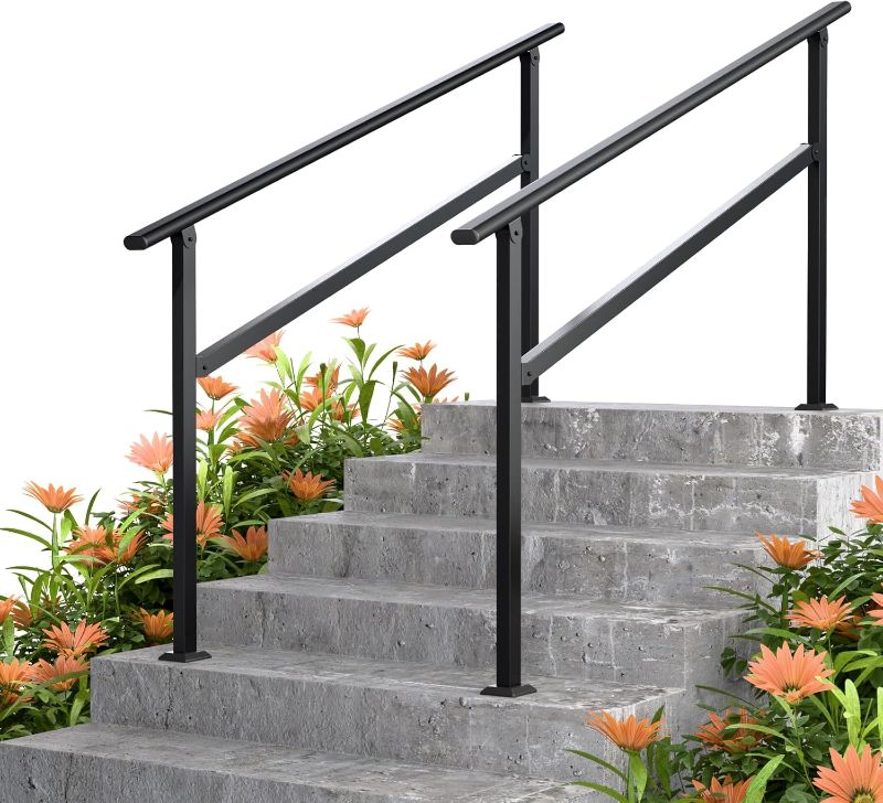 Photo 1 of Kingdura Hand Rails for Outdoor Steps, 2 Pack 4 Step Stair Handrail, Galvanized Steel Railing, Black Round Exterior Handrails for Porch, Deck, Indoor Stairs, One-Step Assembly, Fits 4 to 5 Steps
