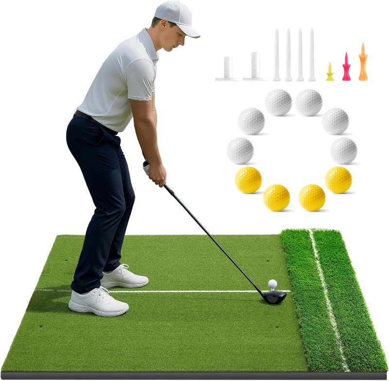 Photo 1 of Golfguru Golf Mat 5x4ft-21mm Thickened Dual Turf Golf Hitting Mat with Alignment Aid, Dense Elite Mats Practice Outdoor Indoor, Chipping Training Matt for Garage Backyard Driving Simulators
