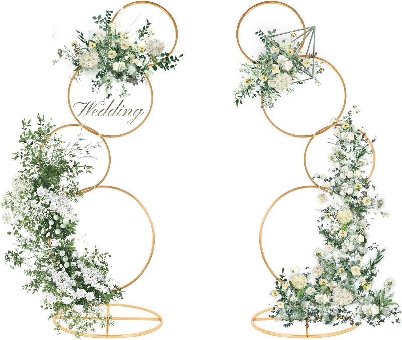 Photo 1 of Gold Arch Backdrop Stand 5Ft Wedding Round Hoop Backdrop Stand, 4 Tier Floral Balloon Arch Stand for Wedding Centerpiece Baby Shower Birthday Ceremony Background Decoration