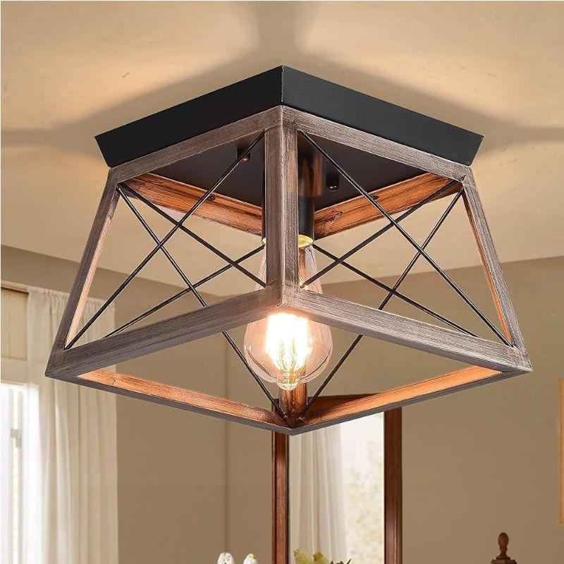 Photo 1 of Industrial Flush Mount Ceiling Light,LED Farmhouse Rustic Close to Ceiling Light, E27Mini Ceiling Lamp Fixture with Square Metal Cage for Hallway, Bedroom,Dining Room
