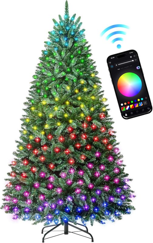 Photo 1 of HOLLO STAR 6 ft Prelit Christmas Tree with 270 LED Lights, App Control, Artificial Christmas Tree with Multi-Color RGBW Lights, 1072 Branch Tips, Metal Base, Easy to Assemble, for Home, Party

