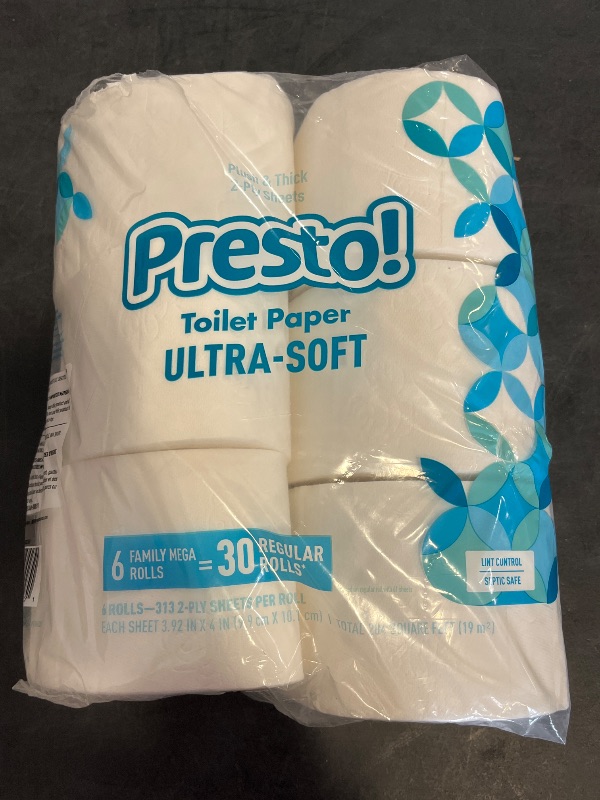 Photo 1 of Amazon Brand - Presto! 2-Ply Ultra-Soft Toilet Paper, 6 Family Mega Rolls = 30 regular rolls, 1878 Count (6 roll of 313 sheets), Unscented, White