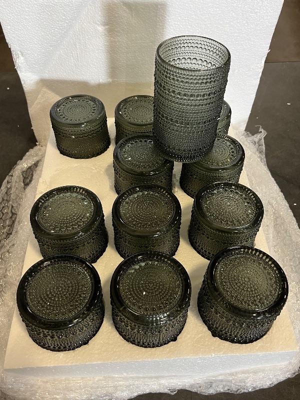 Photo 1 of Vintage Hobnail Drinking Glasses, Set of 12 - Textured Glass Cups for Cocktails and Water (Greyish-green)