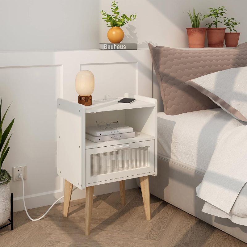Photo 1 of Nightstand with Charging Station, Bedside Tables, End Table Side Table with 2 Tiers Storage Space, for Bedroom, Living Room