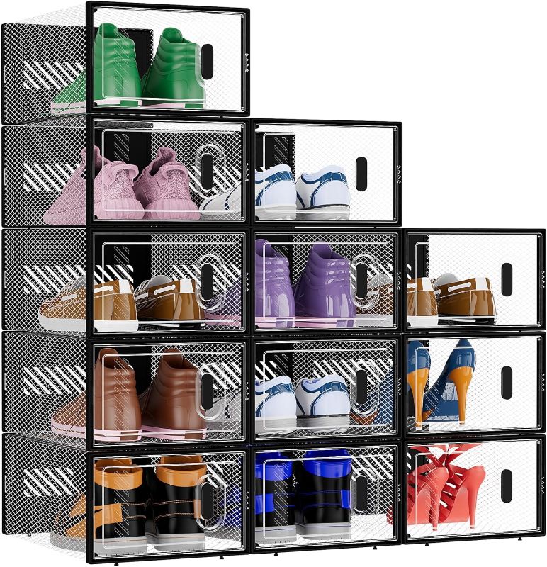 Photo 1 of BALEINE 12 Pack Stackable Shoe Storage Boxes Fit Size 9, Thickened Clear Shoe Box Bins with Lids, Plastic Foldable Organizer Sneaker Storage Containers (Large, Black)
