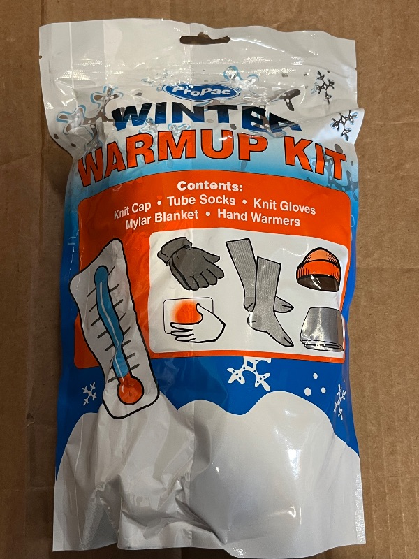 Photo 1 of Emergency Prep Kits: Winter Warm Up Kit, Hand Warmers Emergency Blanket Gloves Knit Stocking Cap and Tube Socks 