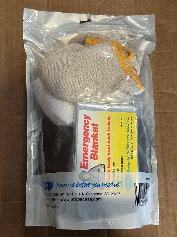 Photo 1 of Emergency Prep Kits: Winter Warm Up Kit, Hand Warmers Emergency Blanket Gloves Knit Stocking Cap and Tube Socks 