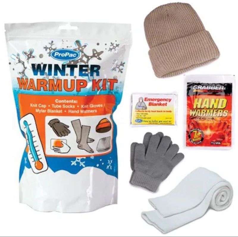 Photo 1 of Emergency Prep Kits: Winter Warm Up Kit, Hand Warmers Emergency Blanket Gloves Knit Stocking Cap and Tube Socks
