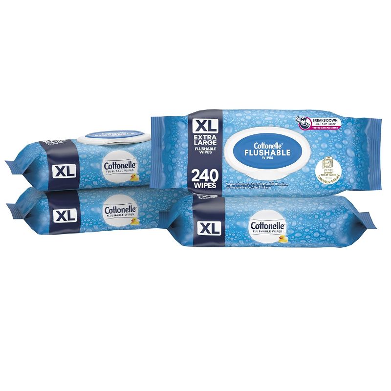 Photo 1 of Cottonelle XL Flushable Wet Wipes, Large Adult Wipes, 4 Packs with 60 Wipes Each, for Sensitive Skin
