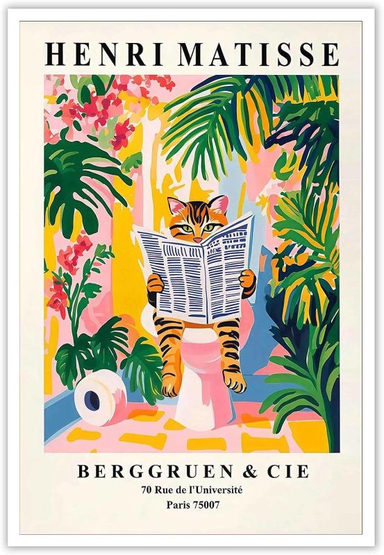 Photo 1 of Funny Animal Bathroom Poster Cute Tabby Cat On A Toilet Canvas Wall Art Tropical Botanical And Animal Picture Prints Painting For Home Bathroom Toilet Restroom Wall Decor 12x16in Unframed
