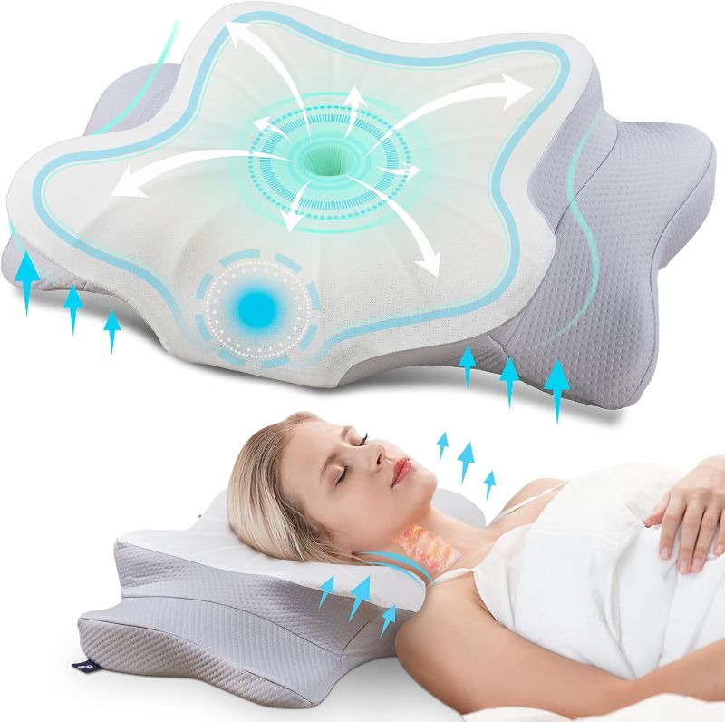 Photo 1 of DONAMA Cervical Pillow for Neck and Shoulder,Contour Memory Foam Pillow,Ergonomic Neck Support Pillow for Side Back Stomach Sleepers with Pillowcase-Standard Size
