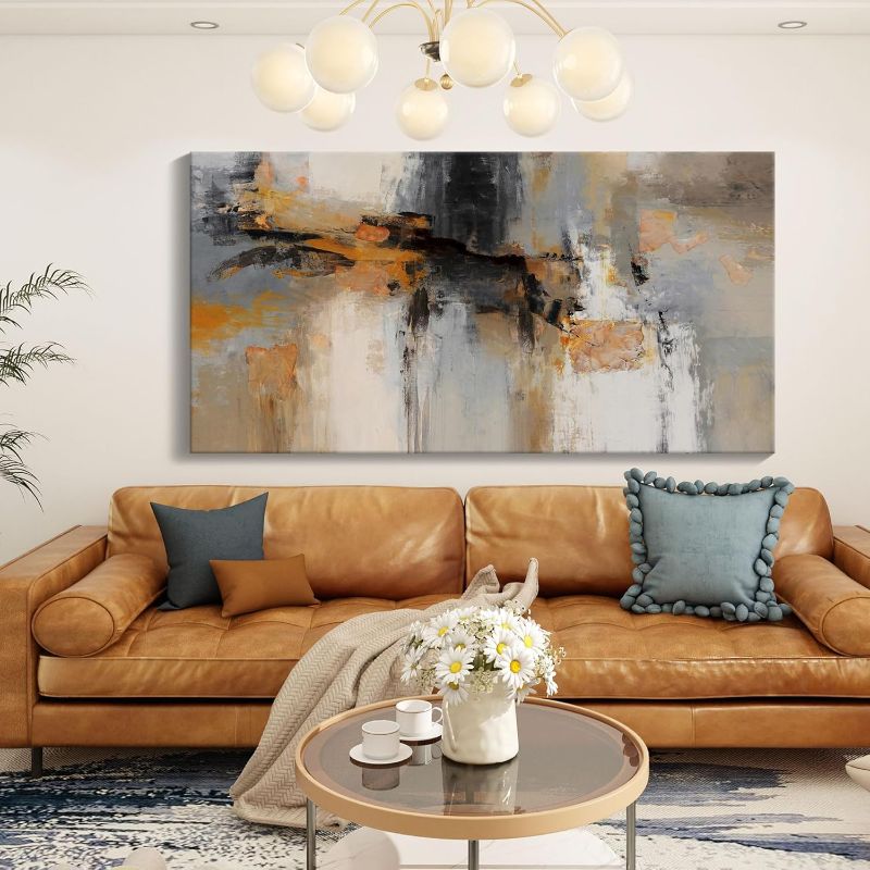 Photo 1 of Abstract Canvas Wall Art - Large Framed Gray and Orange Paintings - Modern Wall Art Decor for Living Room & Office - Includes Pictures for Home Decoration Artwork for Bedroom