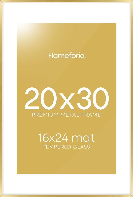 Photo 1 of Homeforia 20x30 Poster Frame Gold, High End Metal 20 x 30 Picture Frames with Mat 16 by 24 Photo, 20x30 Gold Frame Matted to 16x24 Print, 30x20 Large Hanging Frames, Tempered Glass, Wall Kit, Set of 1

