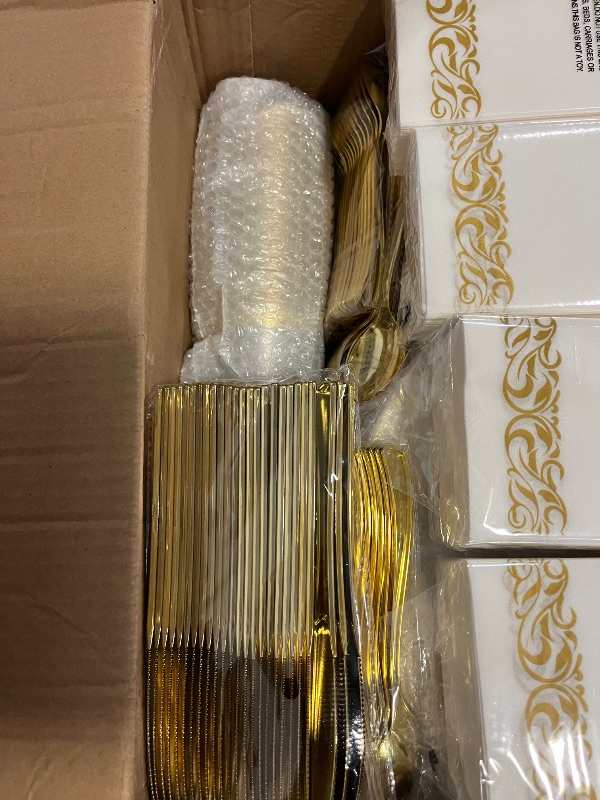 Photo 1 of 700PCS Gold Plastic Dinnerware Set for 100 Guests, Disposable Plates for Party, Include 100 Gold Dinner Plates, 100 Dessert Plates, 100 Set Silverware, 100 Cups, 100 Napkins

