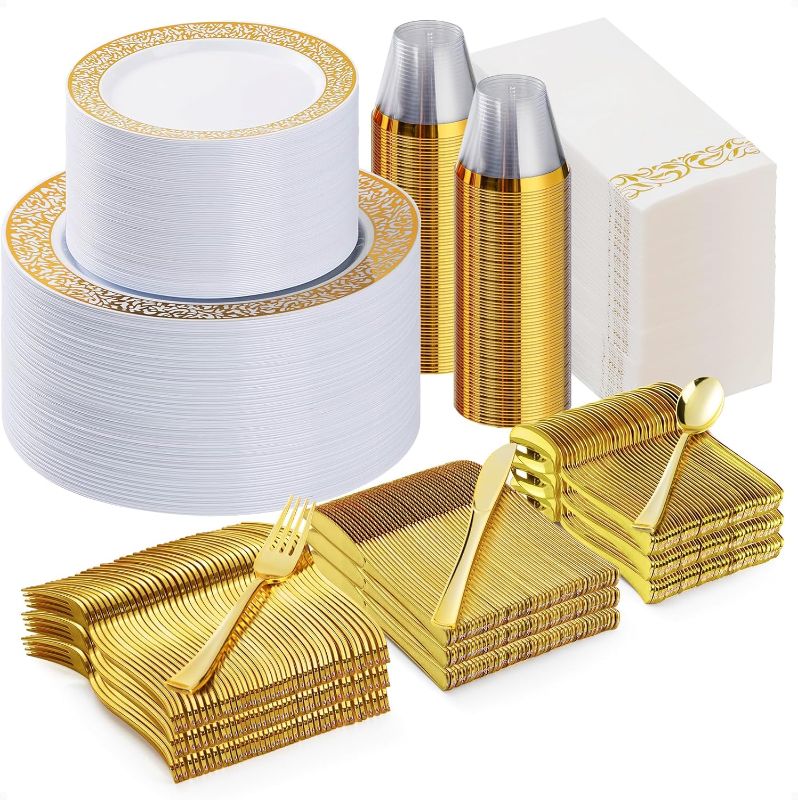 Photo 1 of 700PCS Gold Plastic Dinnerware Set for 100 Guests, Disposable Plates for Party, Include 100 Gold Dinner Plates, 100 Dessert Plates, 100 Set Silverware, 100 Cups, 100 Napkins
