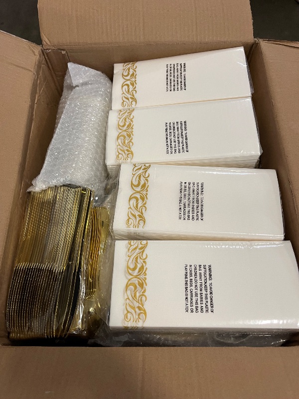 Photo 1 of 700PCS Gold Plastic Dinnerware Set for 100 Guests, Disposable Plates for Party, Include 100 Gold Dinner Plates, 100 Dessert Plates, 100 Set Silverware, 100 Cups, 100 Napkins
