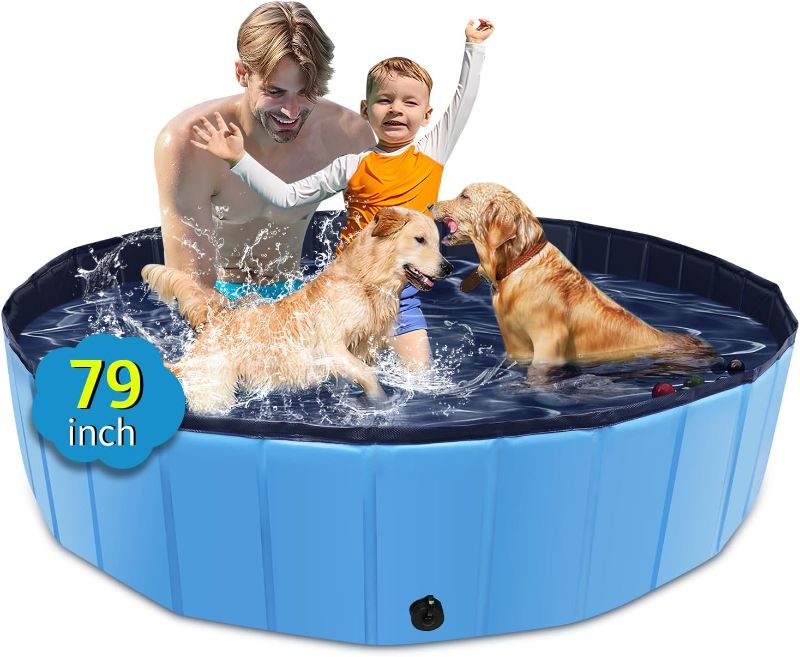 Photo 1 of Foldable Dog Pool, 79" x 14" Large Kiddie Pool with Hard Plastic, Non-Slip Dog Bath Tub for Outdoor Backyard, Collapsible Dog Swimming Pool for Kids Dogs Pets (Blue)
